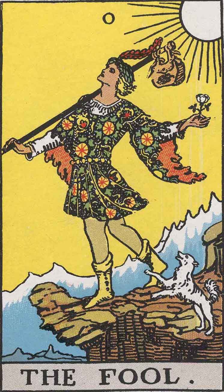 The Fool card in the Rider-Waite-Smith deck. A carefree guy in a colorful tunic stands against a yellow sky and is about to walk off a cliff.