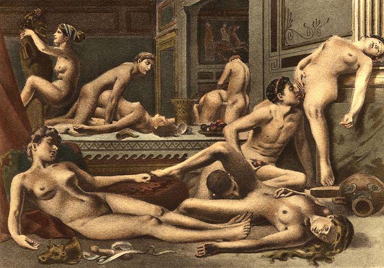 A lot of naked people with Greco-Roman hairstyles are having sex together in a fancy room.