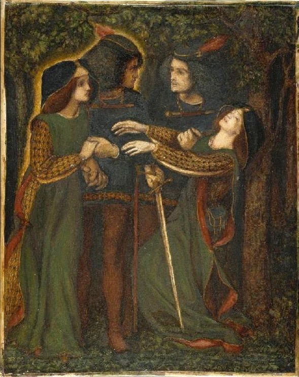 A pre-Raphaelite painting of a male and female couple encountering their exact likenesses, to some a