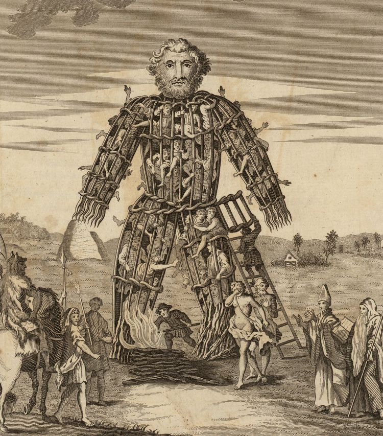 An engraving of a very large cage shaped like a human, filled with humans, capped by a lifelike male head. Fire is beneath.