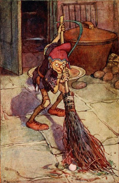 A tiny goblin-like entity is sweeping a stone floor with a broom much larger than itself.