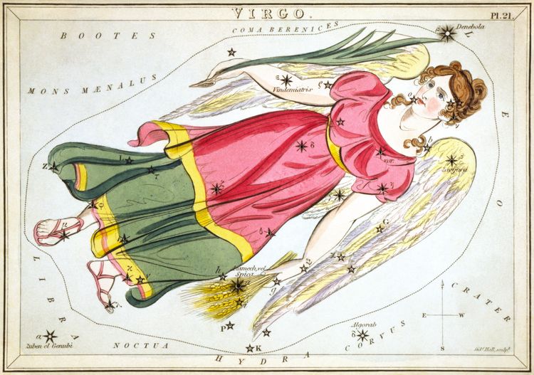 A vintage colored illustration of the constellation Virgo, with marked stars and a feminine figure.