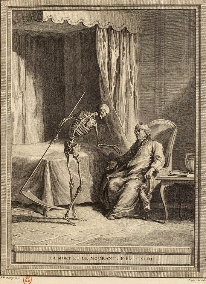 An engraving of a skeletal figure with a scythe extending its hand to a man in a robe, seated in a chair by a canopy bed.