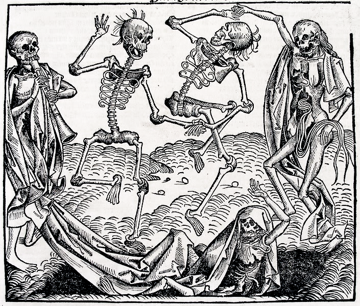 An old woodcut. Five skeletons dance and play music. They are in various states of decay, and one is emerging from the grave.