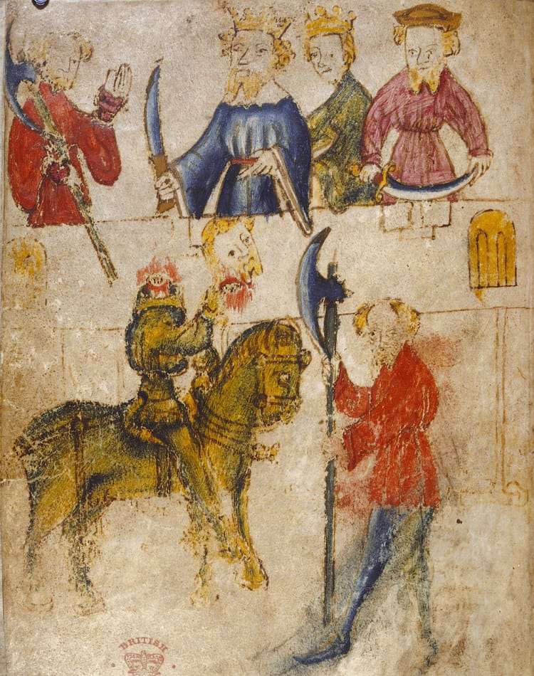 At a high table sit a king and his men, who regard a guard with an axe, and a headless green man on a green horse.