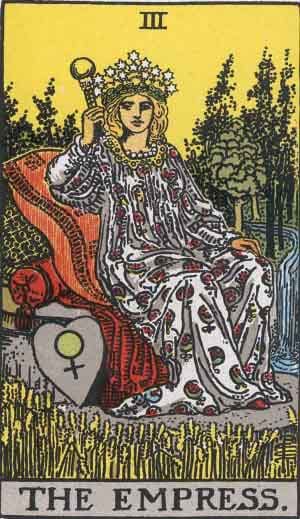 A tarot card labeled "III: The Empress." A woman in a white gown, crowned with stars, sits on a red throne.