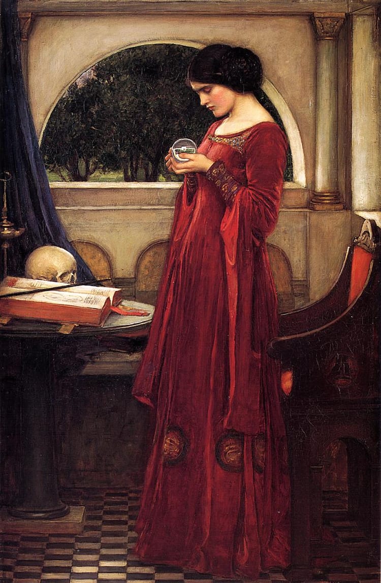 An oil painting of a woman with black hair, wearing a medieval-ish red dress, staring into a small crystal ball.