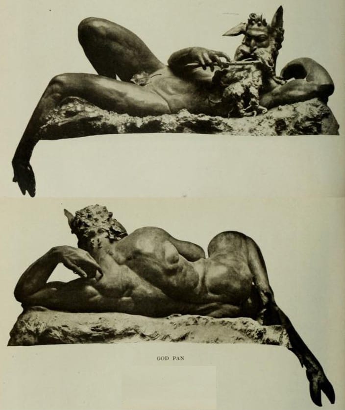 Two sepia tone photos of a bronze sculpture. The sculpture is half-man, half-goat, reclining, bearded, playing a flute.