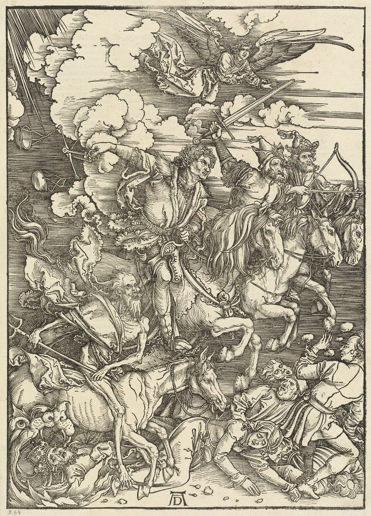 Woodcut print of four horses and riders. One horse and rider are wizened; most riders carry weapons. People fall before them.