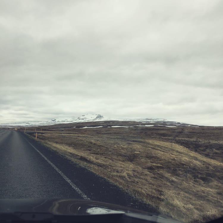 Bare alpine tundra. In the background, white snowy mountains. In the foreground, black asphalt.