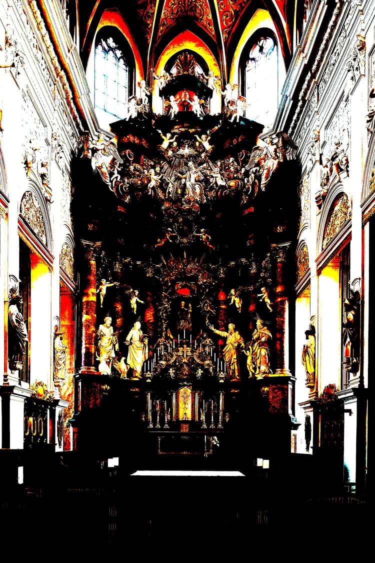 A Baroque altar at a cathedral. The photograph has had color channels adjusted to only show black, red, yellow, and white.