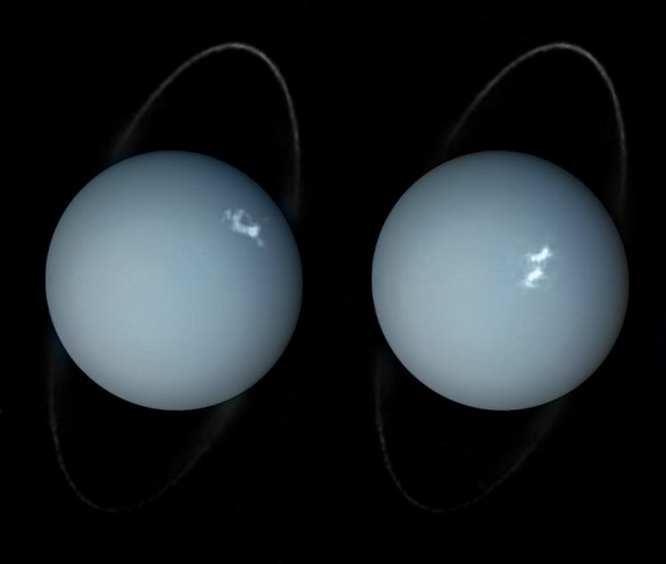 Two images of the same pale blue gas giant planet, its thin ring seeming to spin "vertically" around it rather than horizontally.