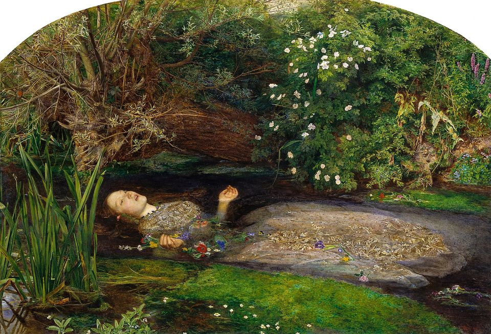 A painting of a woman, identified by the title as Ophelia from Hamlet, floating down a stream.