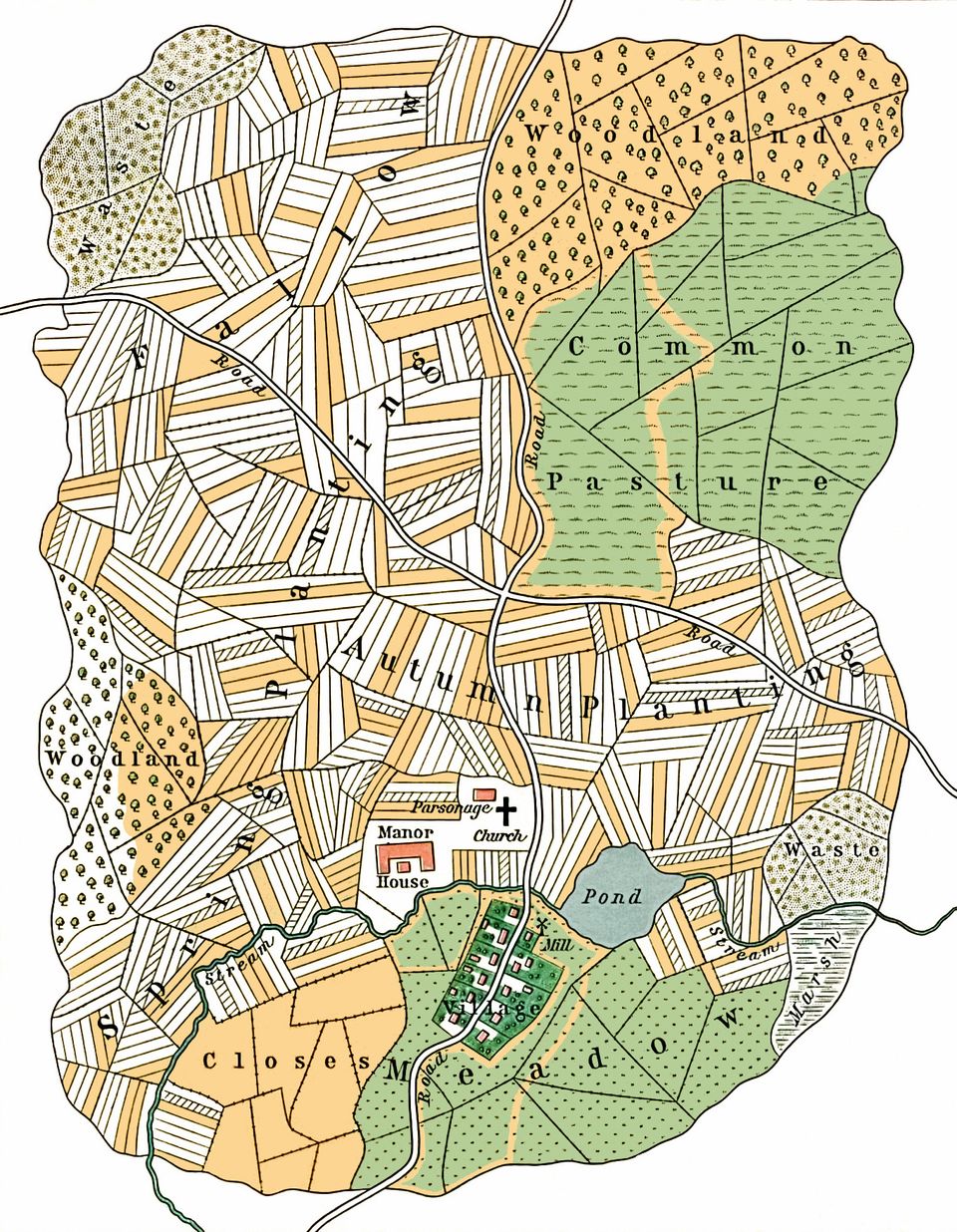 A map displaying fields for spring planting, autumn planting, laying fallow, common pasture, meadow, and woodland.