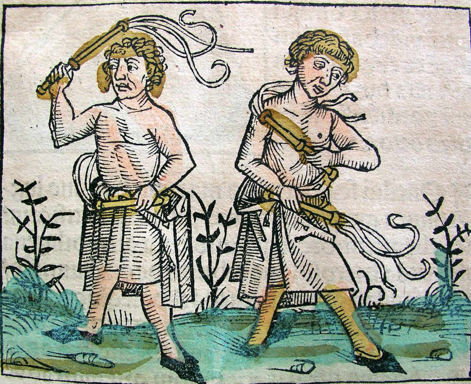 A colored woodcut illustration of two men stripped to the waist, flogging themselves.