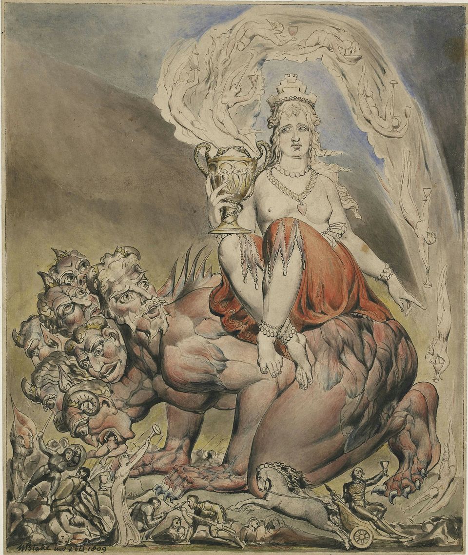 A painting: delicate, wispy, and muted except for the red garb of the titular whore, topless on a multiheaded beast.