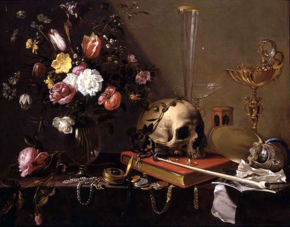 A vivid oil painting featuring a large bouquet of flowers next to jewels, coins, a goblet, and a book with a skull on top.