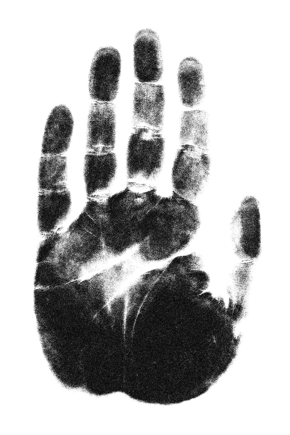 A black screen printed image of a left handprint, on a white background.