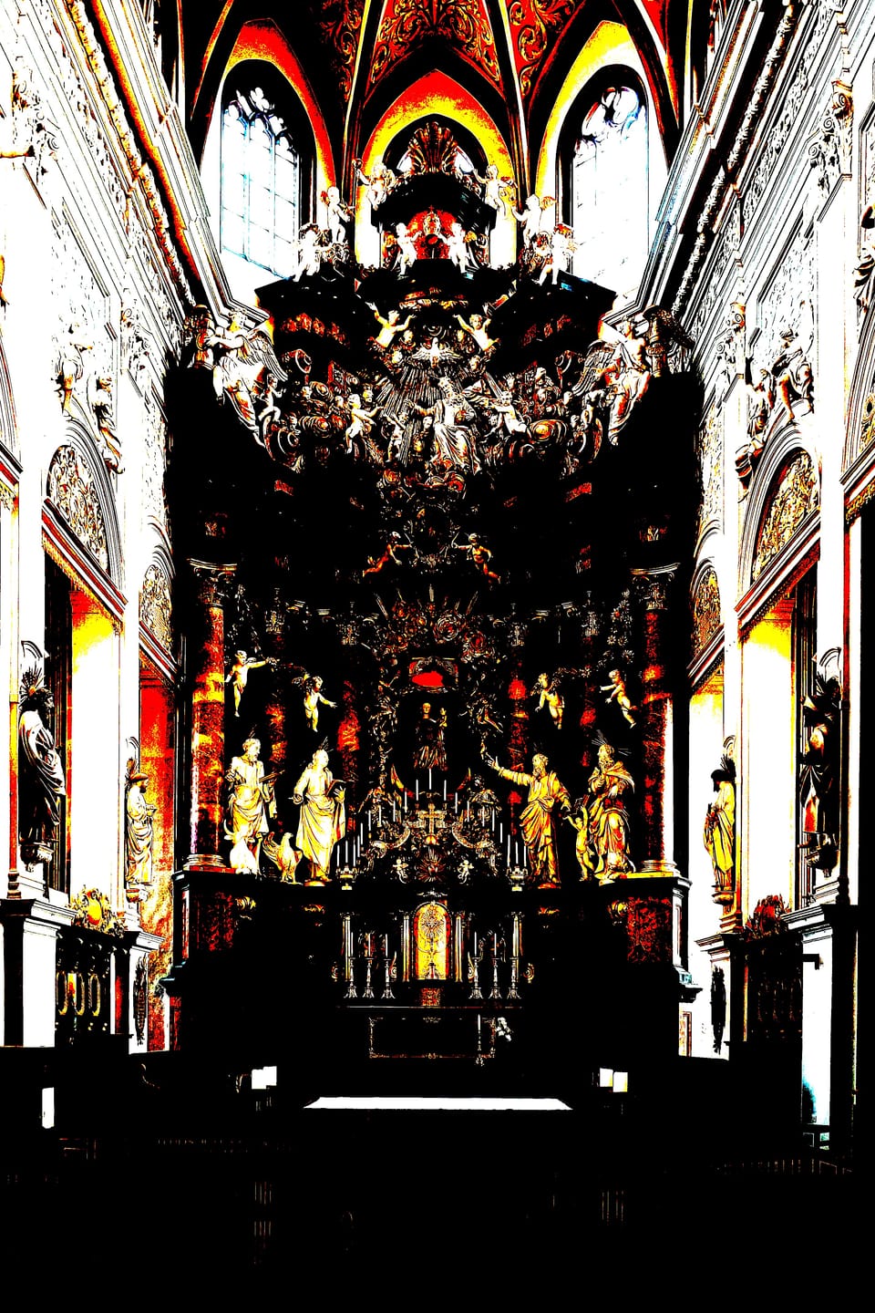 A Baroque altar at a cathedral. The photograph has had color channels adjusted to only show black, red, yellow, and white.