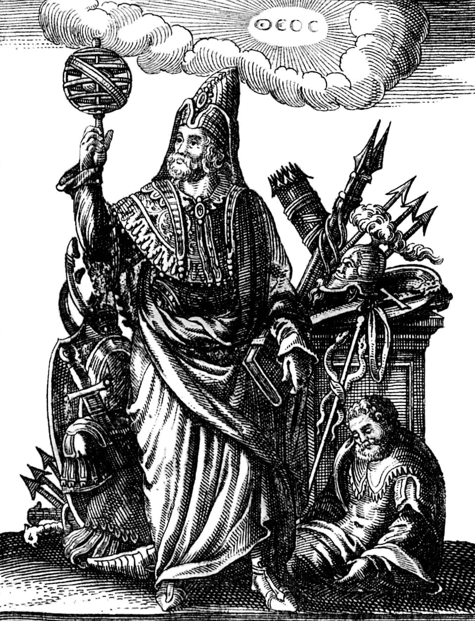 A black & white engraving of a bearded, robed man holding various magical implements. Another man sleeps off to his side.